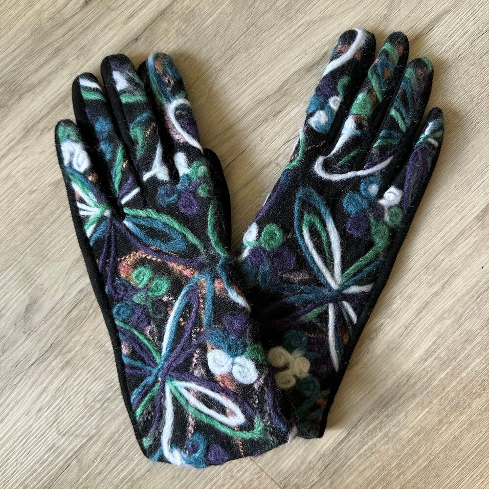 Winter Gloves Black with Blue Purple Green Felted Yarn Art NEW NWOT